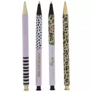 New Set of 4 Decorative Ballpoint Pens - Pastel Lavender, Black & Leopard Prints